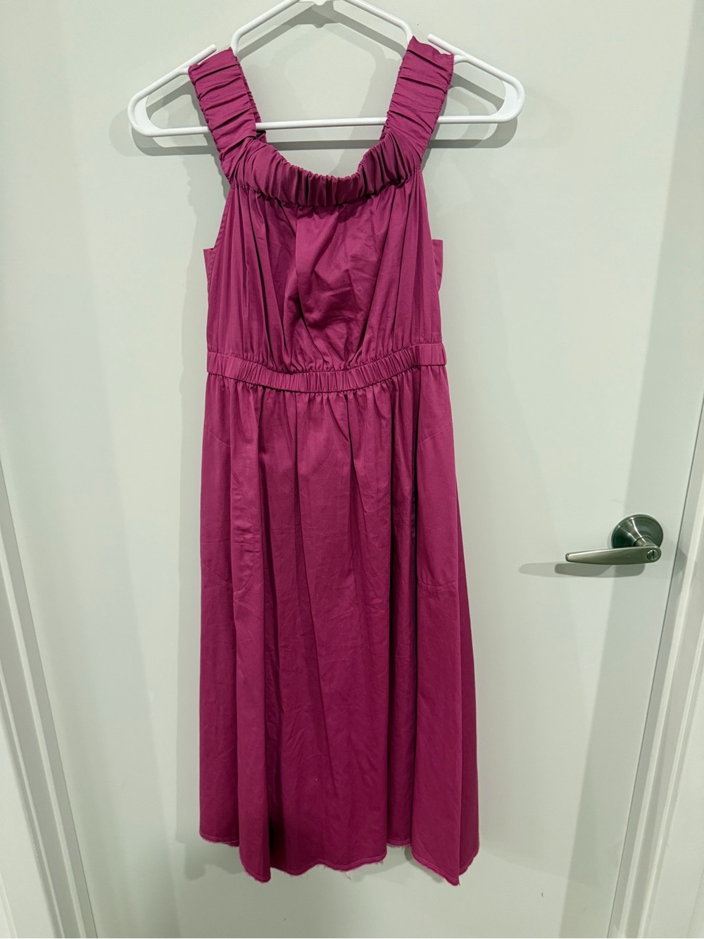 Maeve Ruffled-Strap Midi Dress in Magenta Pink